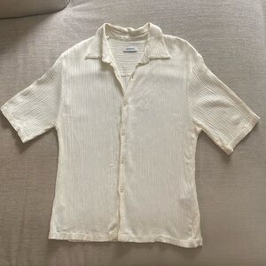 Sandro Textured Crinkled Satin Short Sleeve Button Down Shirt Cream Off White M